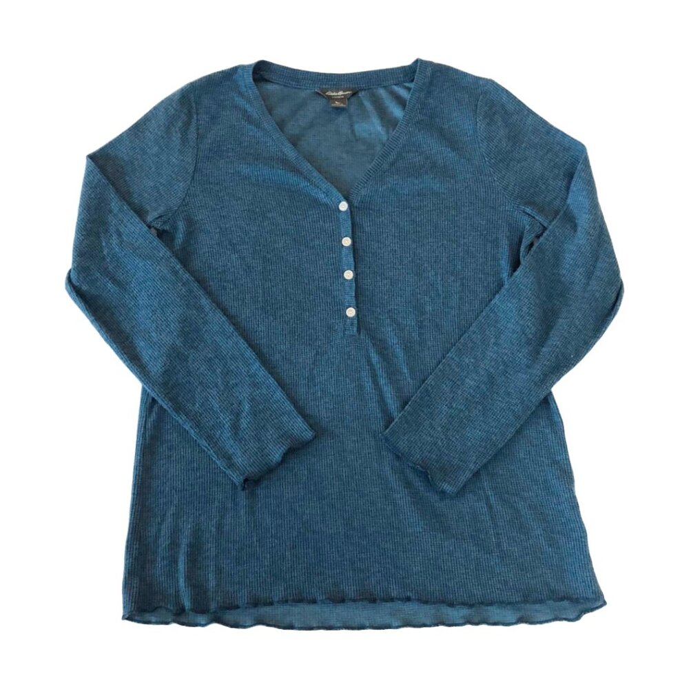 Eddie Bauer Long Sleeve Waffle Knit Henley Sleepwear Shirt in Blue Women's Small